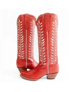 Womens Leather Embroidered Leaf Western Cowgirl Boots Knee High Red Size 9.5 NEW